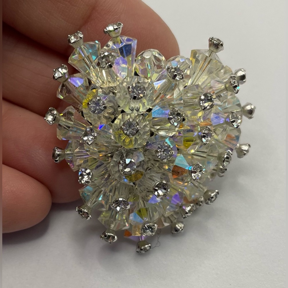 Vintage Heart Brooch Pin with Aurora Borealis & Clear Crystal Beads  Silver Tone